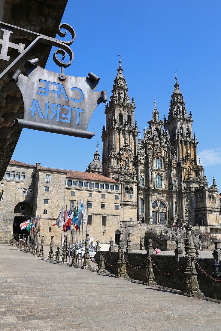 Kathedrale vom Parador Hostal Reyes Catolicos aus, Praza do Obradoiro, Santiago de Compostela, Provinz A Coruña, Galicien, Spanien