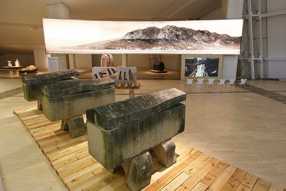 Granite sarcophagi by Francisco Leiro, Gallaecia Petrea exhibition, Museum, Cidade da Cultura de Galicia, City of Culture of Galicia, Santiago de Compostela, A Coruña province, Galicia, Spain