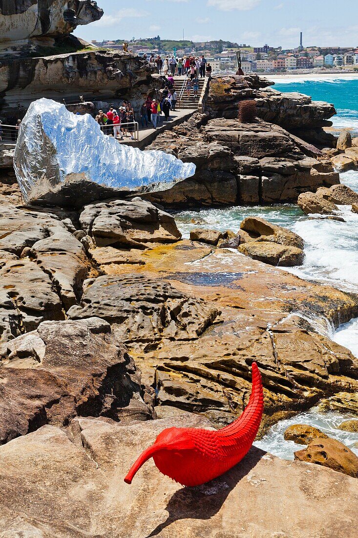 Sculpture by the Sea, annual exhibition at the Bondi - Tamarama coastal walk  ´The Chilly´ by Subodh Kerkar and ´eridanus´ a rock wrapped in self adhesive crome polyester by Susan J  Foster & Christophe Domergue