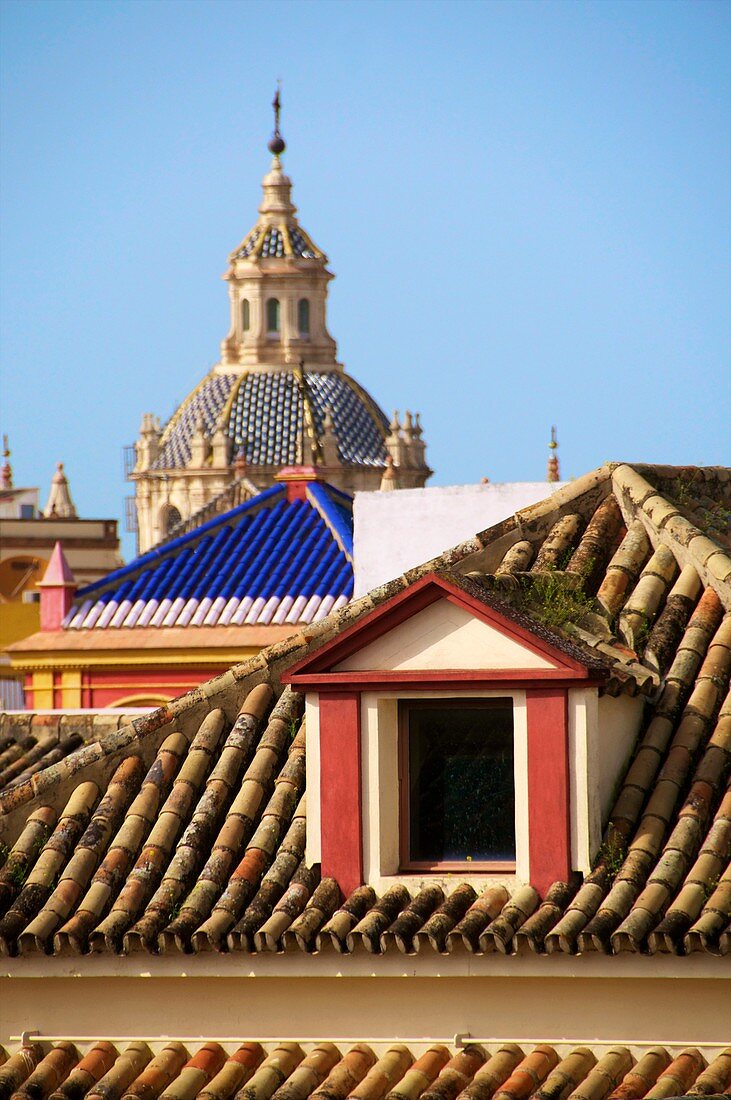 Cathedral dome  detail  seen from roof top, with window and colored roofs, Seville, Andalusia, Spain