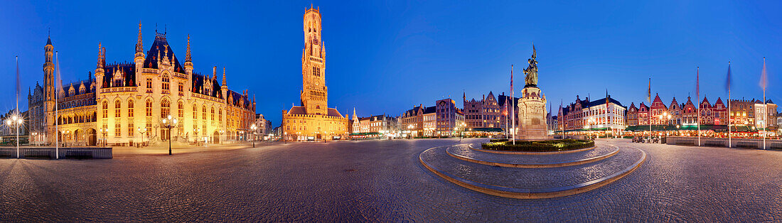 360 ° panorama of the vast Grote market in the old town of Bruges, with gothic Town Hall, belfry and monument of Jan Breydel and Pieter de Coninck in the foreground, Flanders, Belgium