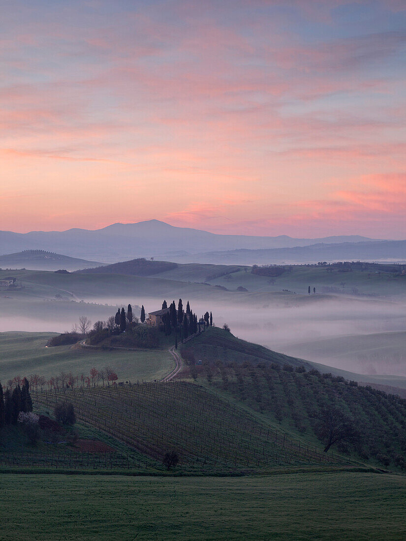 Sunrise over the Val d'Orcia near Pienza on a foggy morning in spring, Pienza, Tuscany, Italy