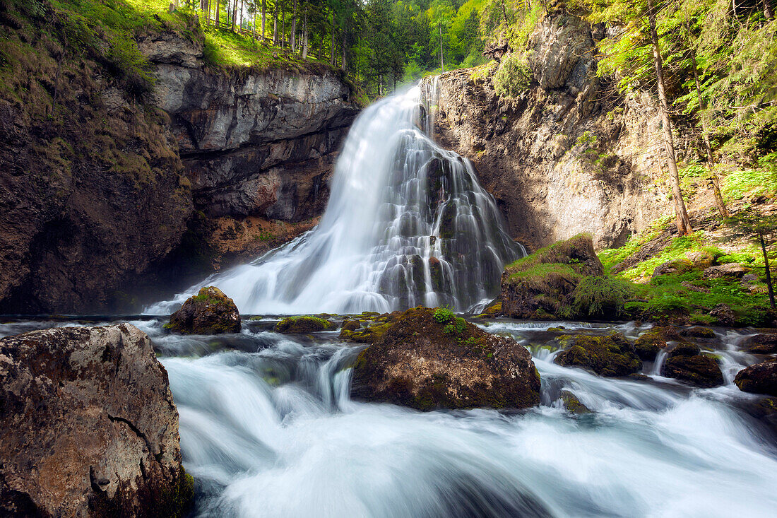View of Golling waterfall in spring with sunlight, Salzburg, Austria