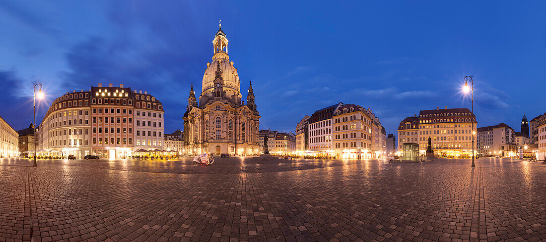 180 ° panorama of Neumarkt in the old town of Dresden with Frauenkirche at dusk, Saxony, Germany