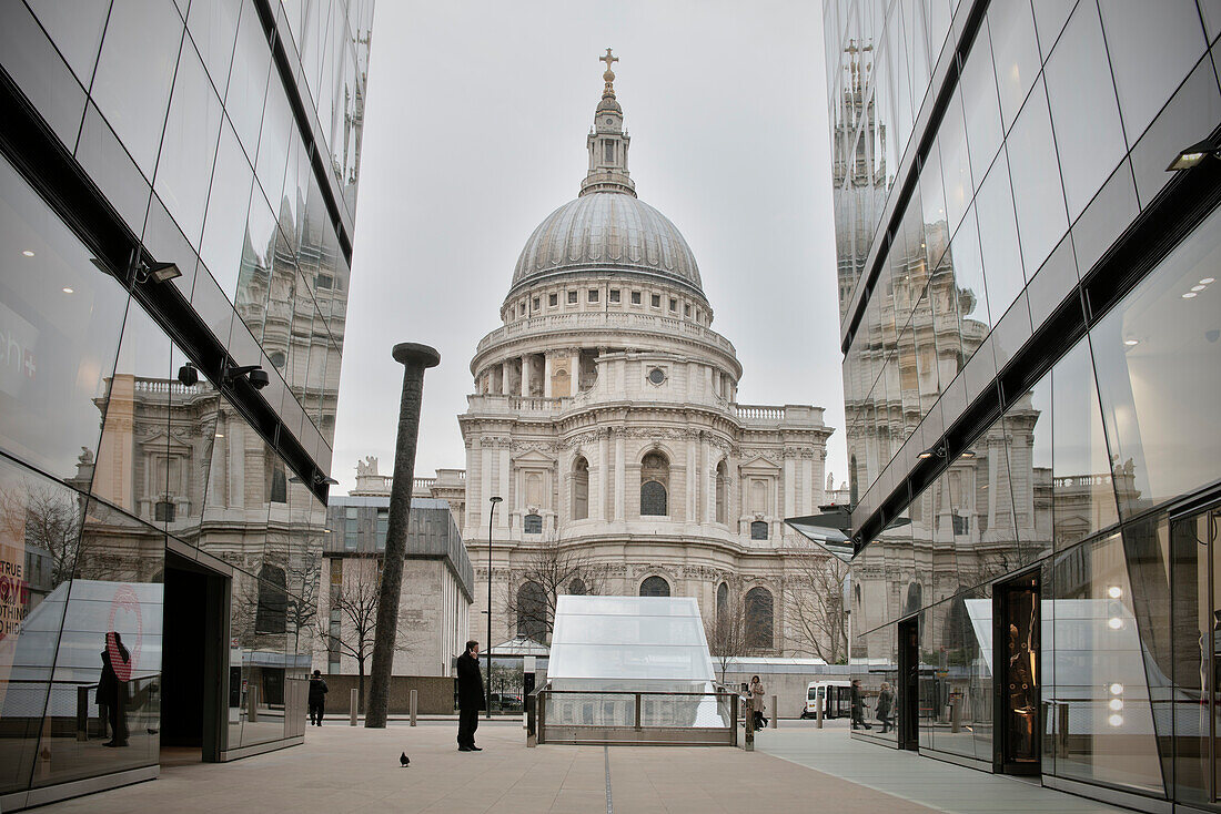 St. Paul's Cathedral with reflection in glass facades, City of London, England, United Kingdom, Europe