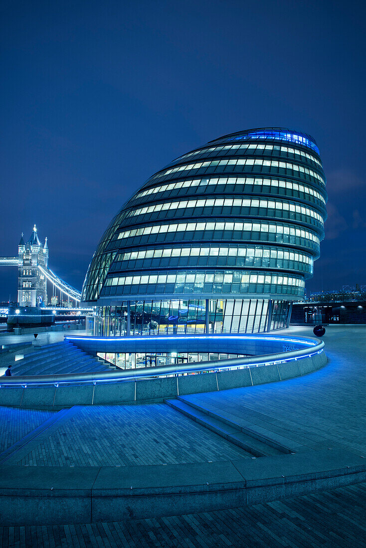 City Hall by Sir Norman Foster and Tower Bridge at night, City of London, England, United Kingdom, Europe