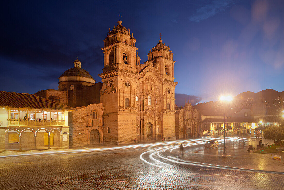 Iglesia La Compania de Jesus cathedral at night, Cusco, Cuzco, Peru, Andes, South America