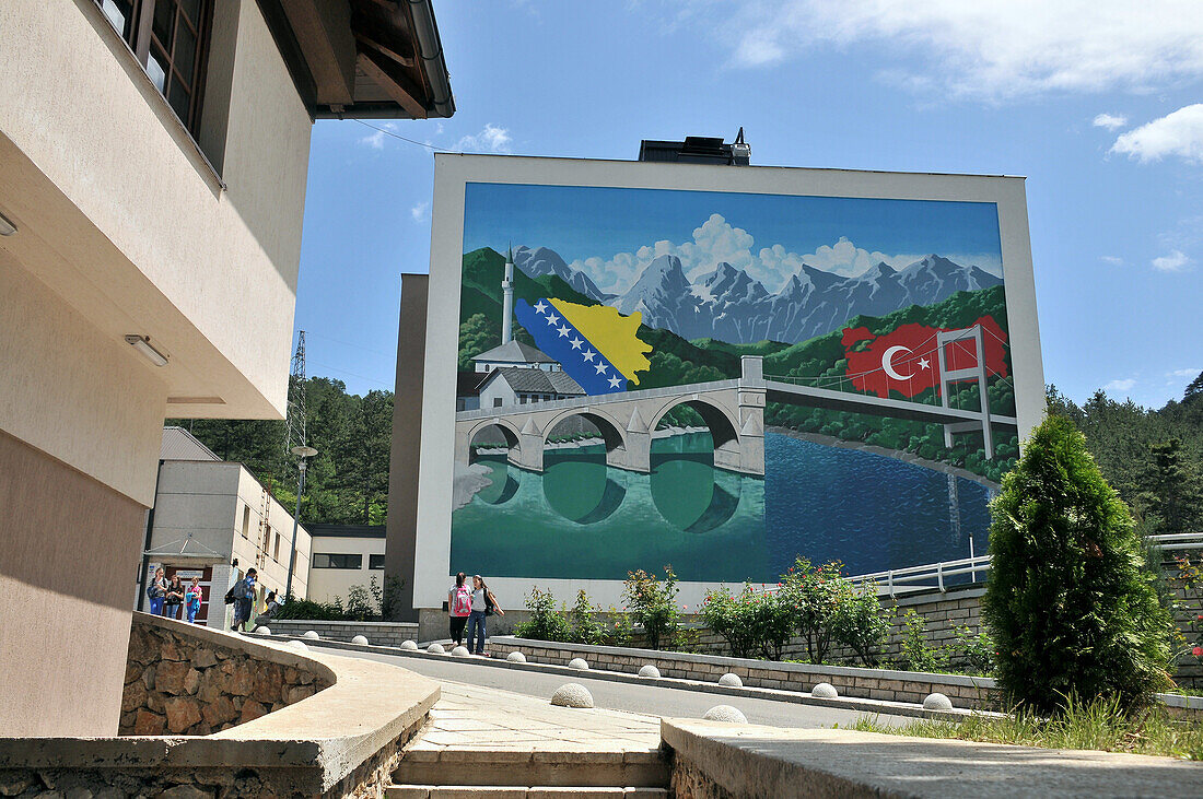 School in Konjic at the river Neretva, Bosnia and Herzegovina