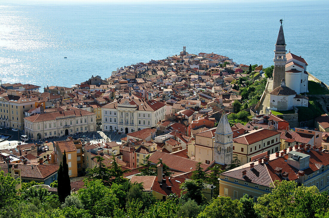 View towards Piran from the city walls, Gulf of Triest, Slovenia