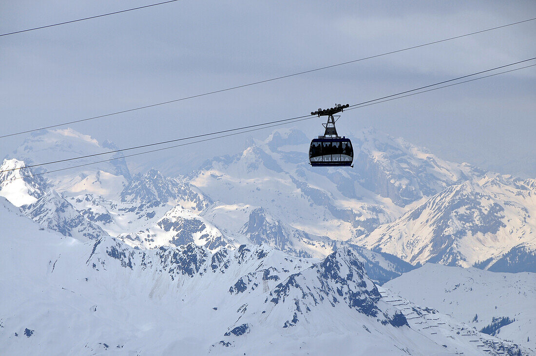 Valluga cable car, St. Anton am Arlberg with Raetikon range in the background, Winter in Tyrol, Austria