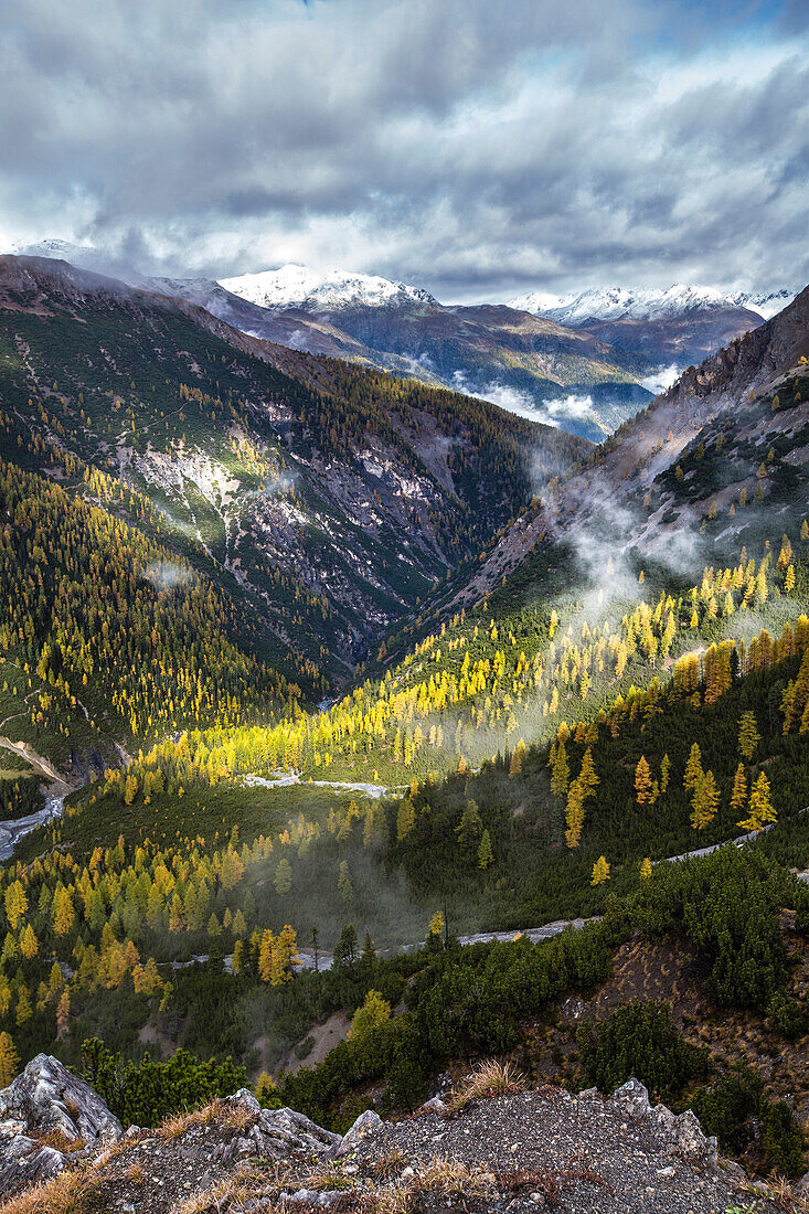 View over Val Cluozza in autumn, Swiss National Park, Canton of Grisons, Switzerland