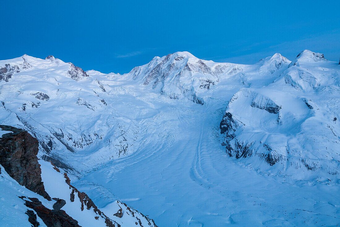 Gornergletscher mit Monte Rosa Massiv, Lyskamm, Castor und Pollux, Gornergrat, Zermatt, Kanton Wallis, Schweiz