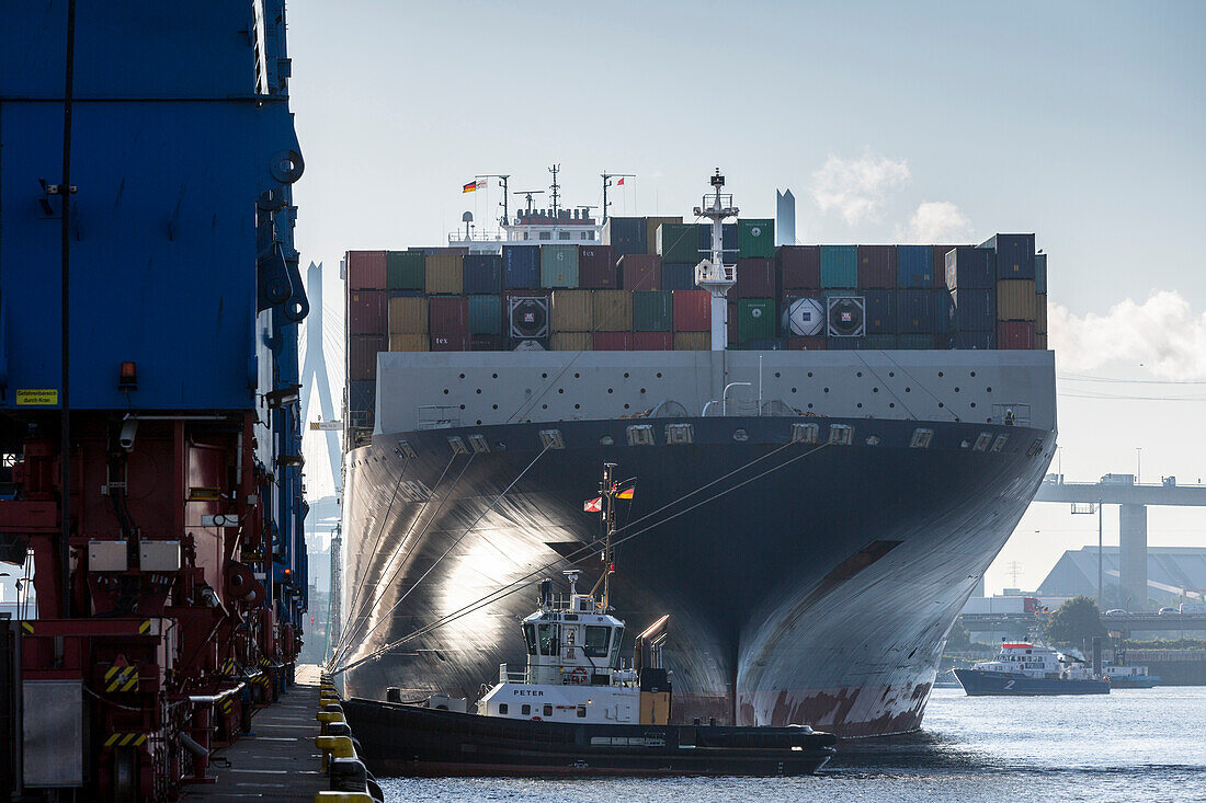 Containerschiff liegt am Container Terminal Burchardkai, Hamburg, Deutschland