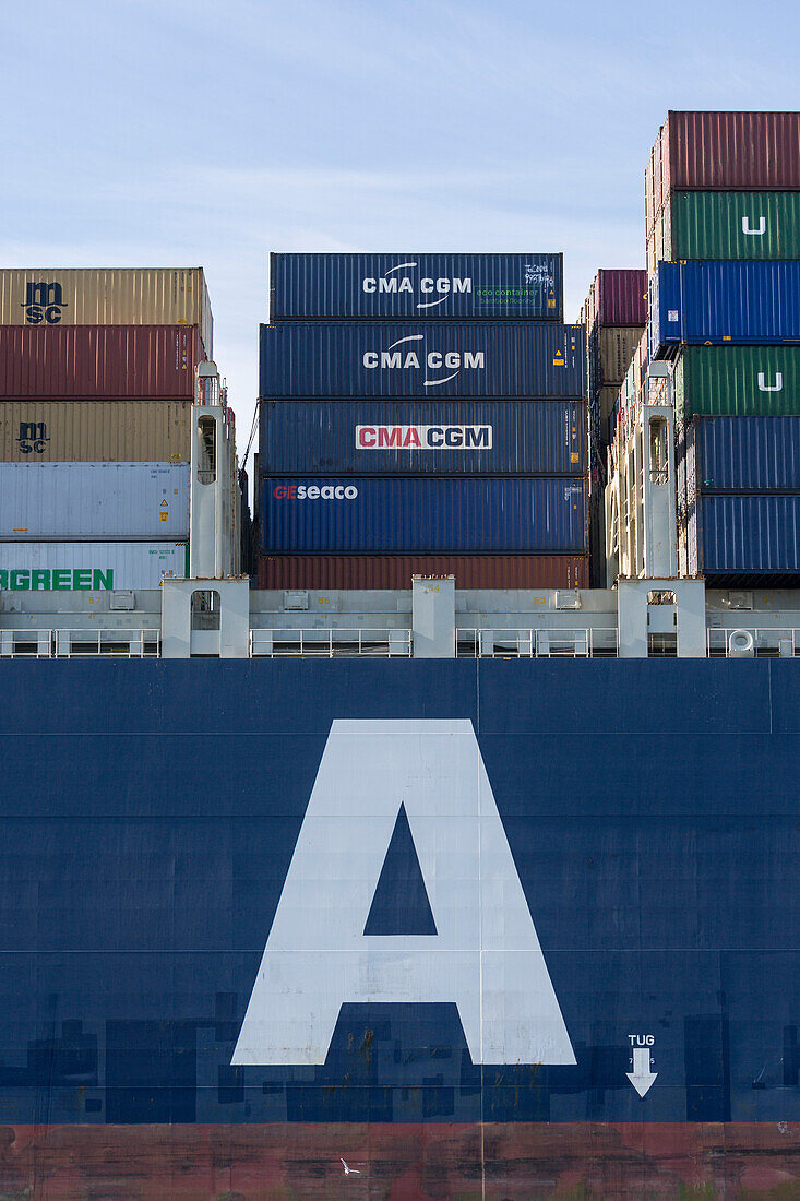 Detail of a container ship in the port of Hamburg, Burchardkai, Hamburg, Germany