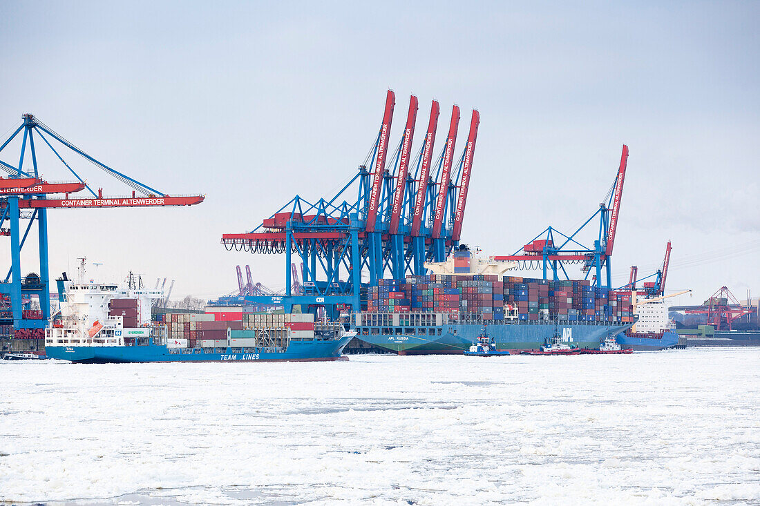 Container ship in front of a container bridge in winter, Altenwerder, Hamburg, Germany