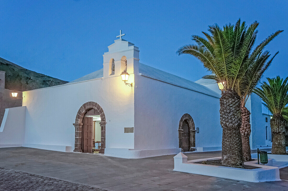 Femes, village church, twilight, Lanzarote, Canary Islands, Spain