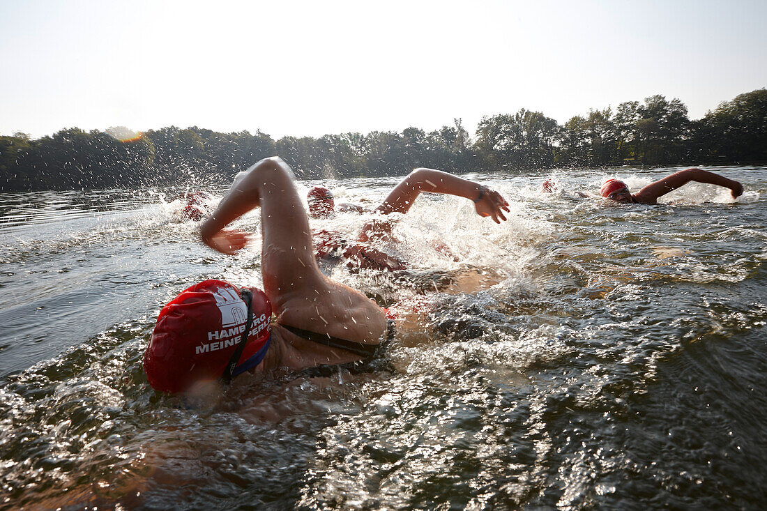 Leistungsschwimmer trainieren im Freiwasser, Boberger Badesee, Billwerder, Hamburg, Deutschland