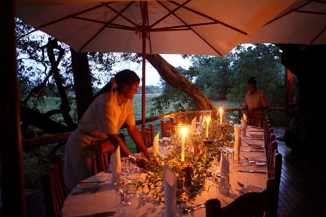 Republic of Botswana, The Okavango Delta, Abu Camp - Elephant Safari camp in Botswana, Women setting table for diner