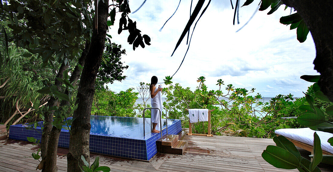 Republic of the Maldives, Ari Atoll, Madivaru Island, Banyan Tree Madivaru comprises 6 Tented Pool Villas. Each Tented Pool Villa is a set of three individual tents, distinctively equipped to function as living, sleeping, and bath areas, swimming pool