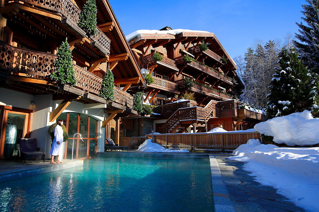 France, Rhone Alps, Megève Ski Resort, Chalet du Mont d'Arbois - Relais & Châteaux luxury hotel, view from the swimming pool