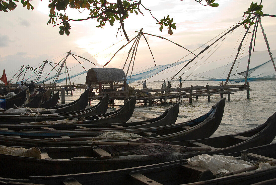 Republic of India, Kerala State, Fishing nets hanging over the water, Pirogues