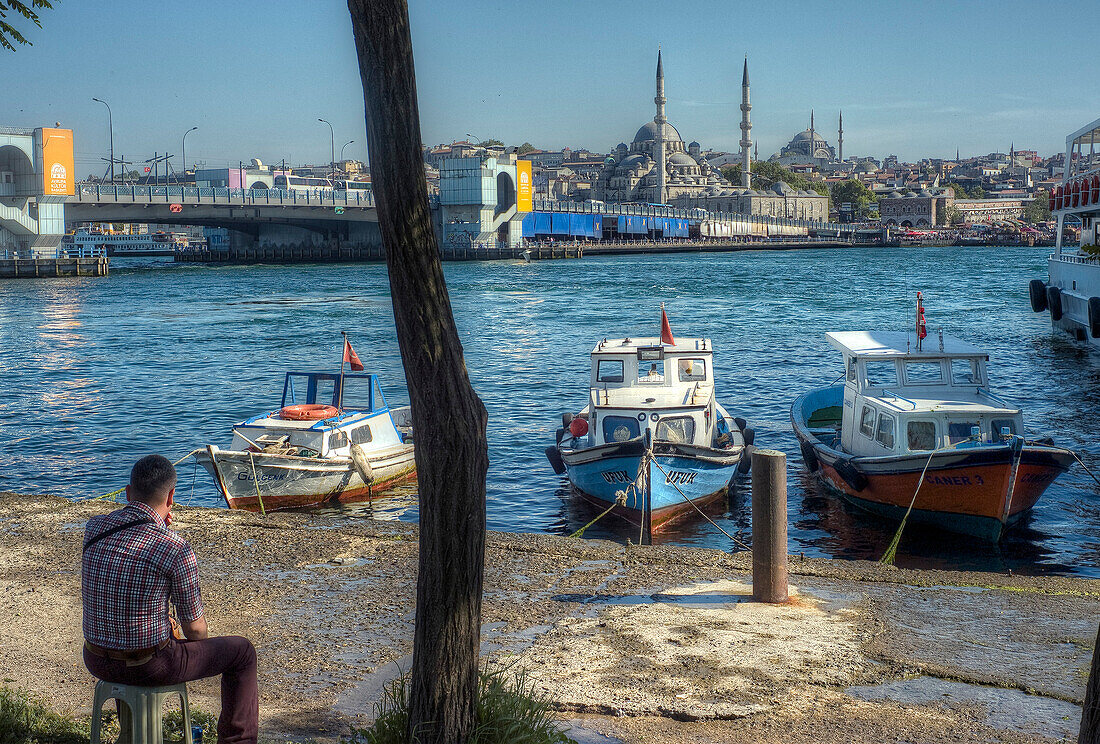 Republic of Turkey, Istanbul, Karaköy District, The New Mosque and the Galata Bridge, view from the edge of the Bosphorus