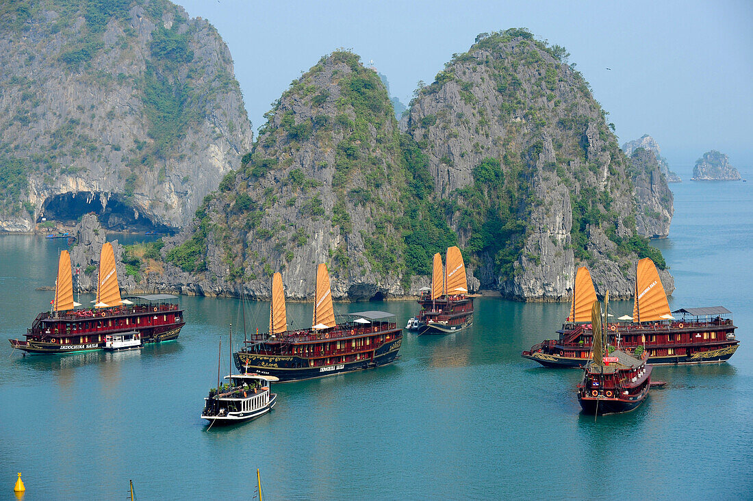 View of Halong Bay at the end of afternoon, North Vietnam, Vietnam, South East Asia, Asia