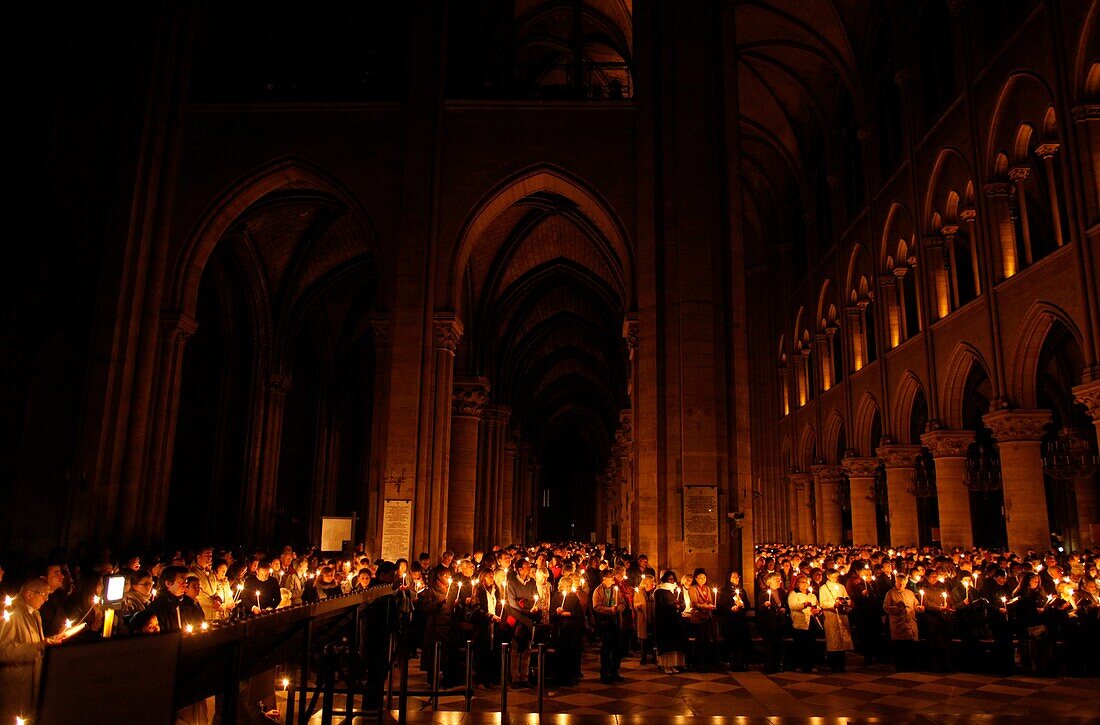 Notre Dame cathedral, Paris. Easter vigil Paris. France.