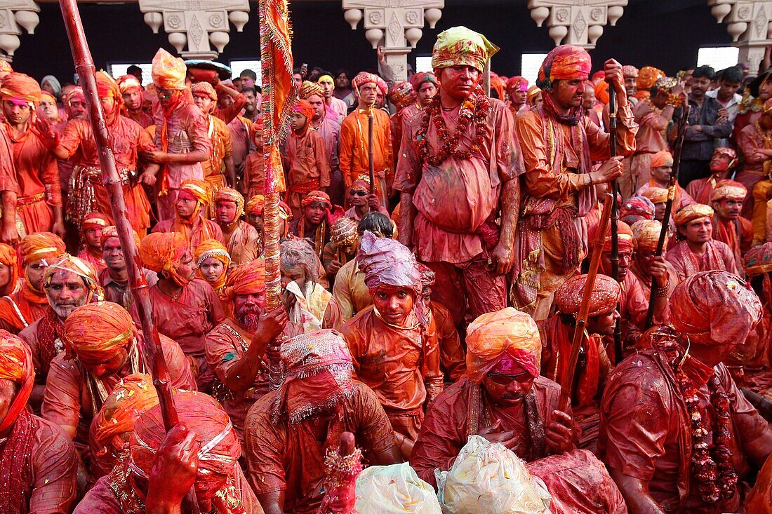 Barsana villagers celebrating Holi in Nandgaon Nandgaon. India.