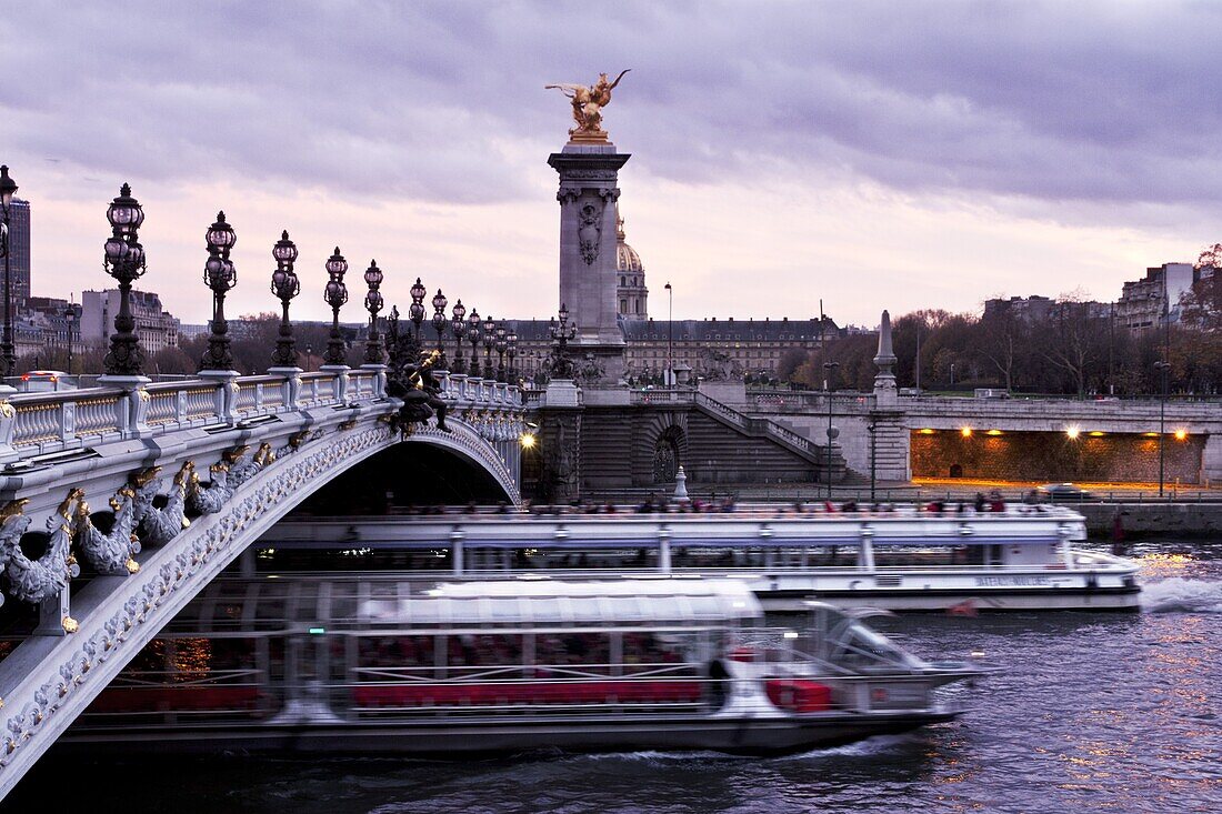 France, Paris, River boats under the Bridge Alexandre 3rd