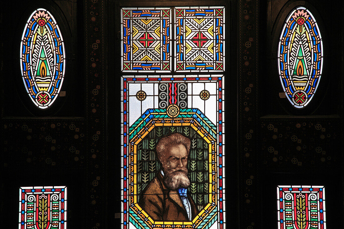Romania, Targu Mures, Culture Palace, stained glass window, writer M