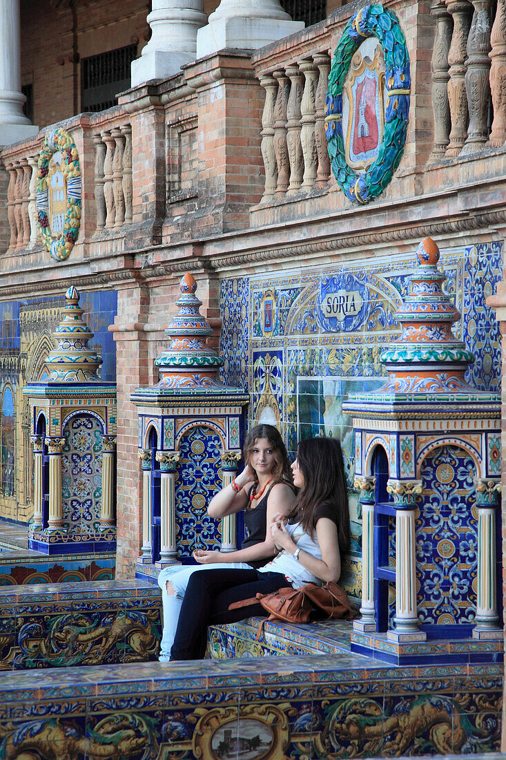 Spain, Andalusia, Seville, Plaza de Espana, azulejo, ceramic tile images, people