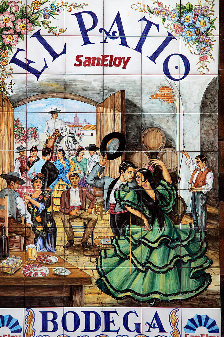 Spain, Andalusia, Seville, azulejo, ceramic tile image, bar sign