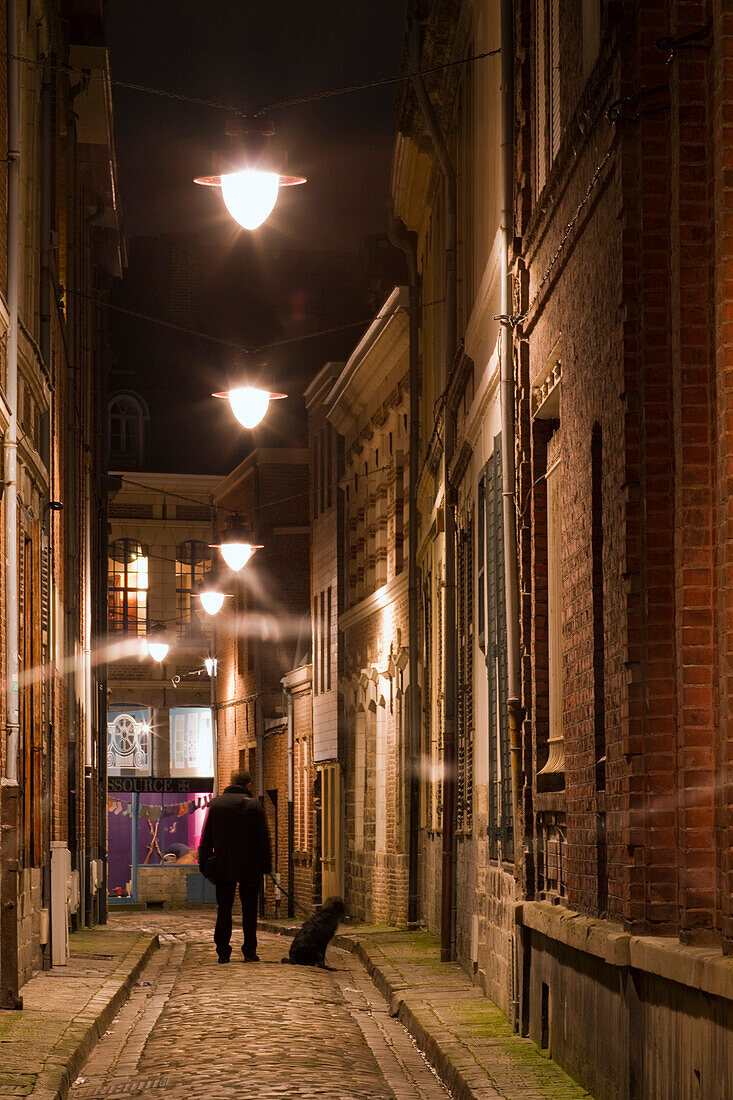 France, Lille, town, man with his dog in an old alley by night.