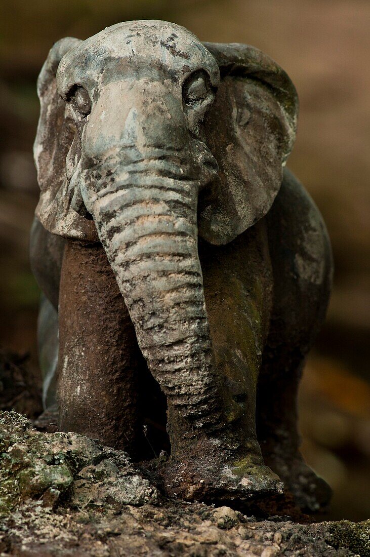 Africa, Gabon, Mboka A Nzambe village, Bwiti ceremonies, Forest, an elephant statue at the entrance of the sanctuary