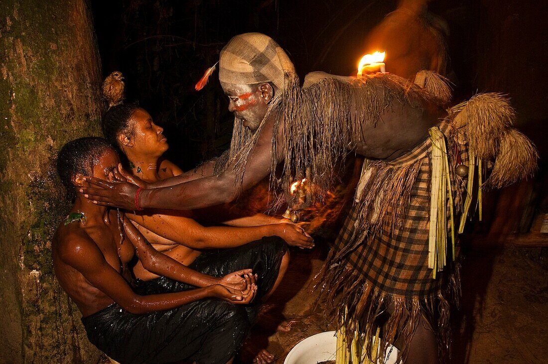 Africa, Gabon, Mboka A Nzambe village, Bwiti ceremonies, Forest, the shaman Adumangana makes a healing ritual to establish communication between a mother and her child