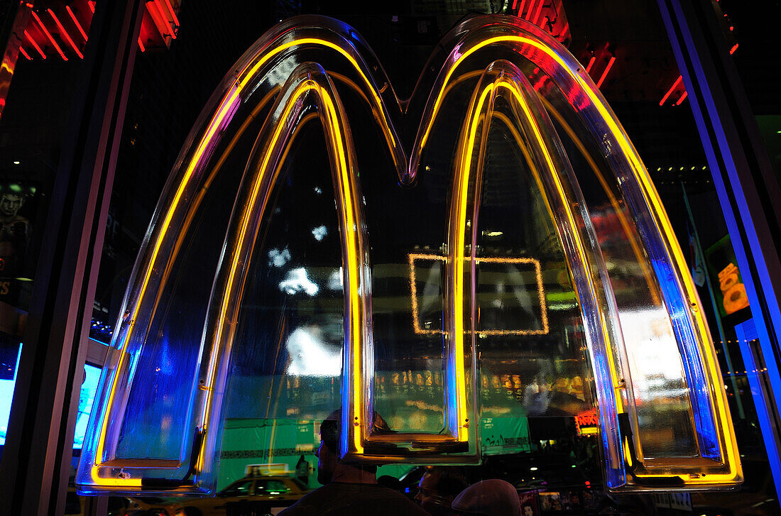 View of big M sign at the entrance of the Mc Donald's restaurant in Times Square,  New York City, New York State, United State, USA