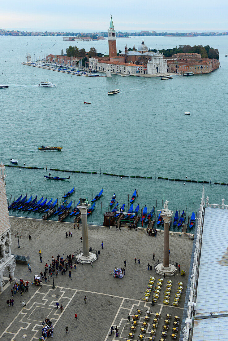 St Mark's square with the 2 columns with the Lion and St. Todaro in Venice and San Giorgio Maggiore church, Italy, Europe