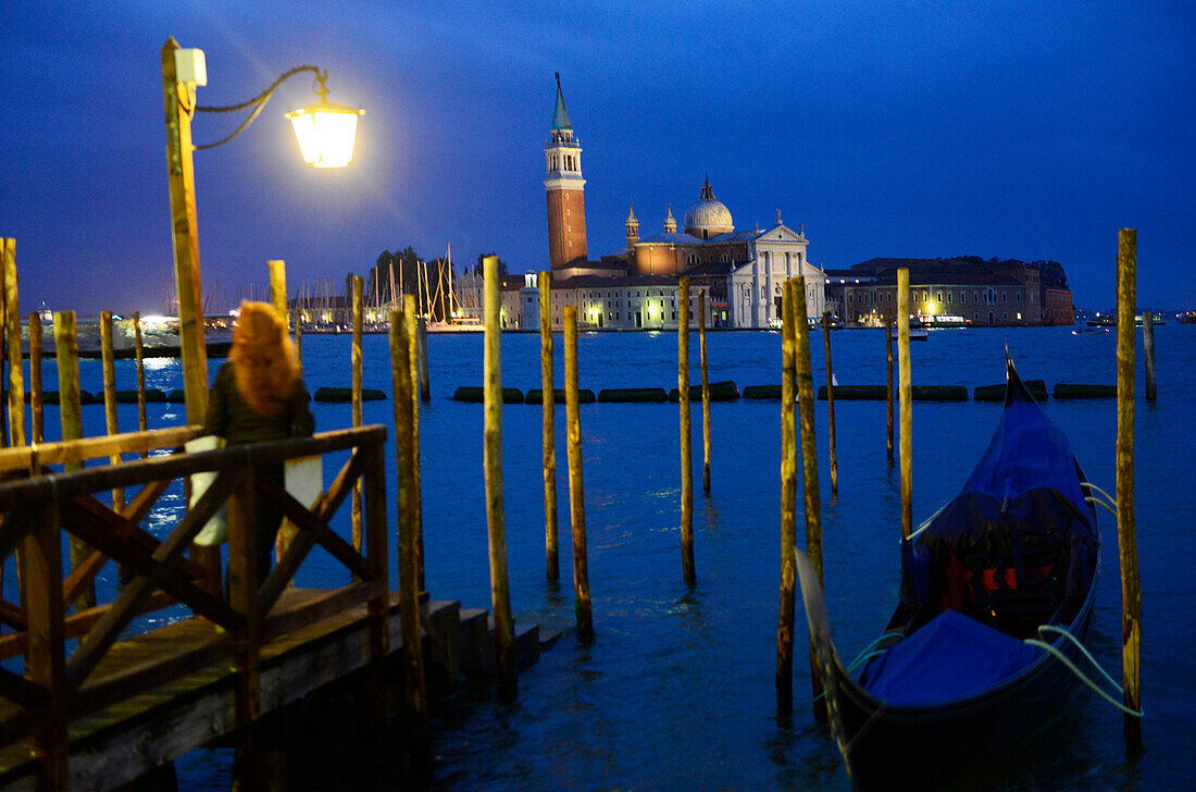 Gondola and San Giorgio Maggiore church in background in Venice, Italy, Europe