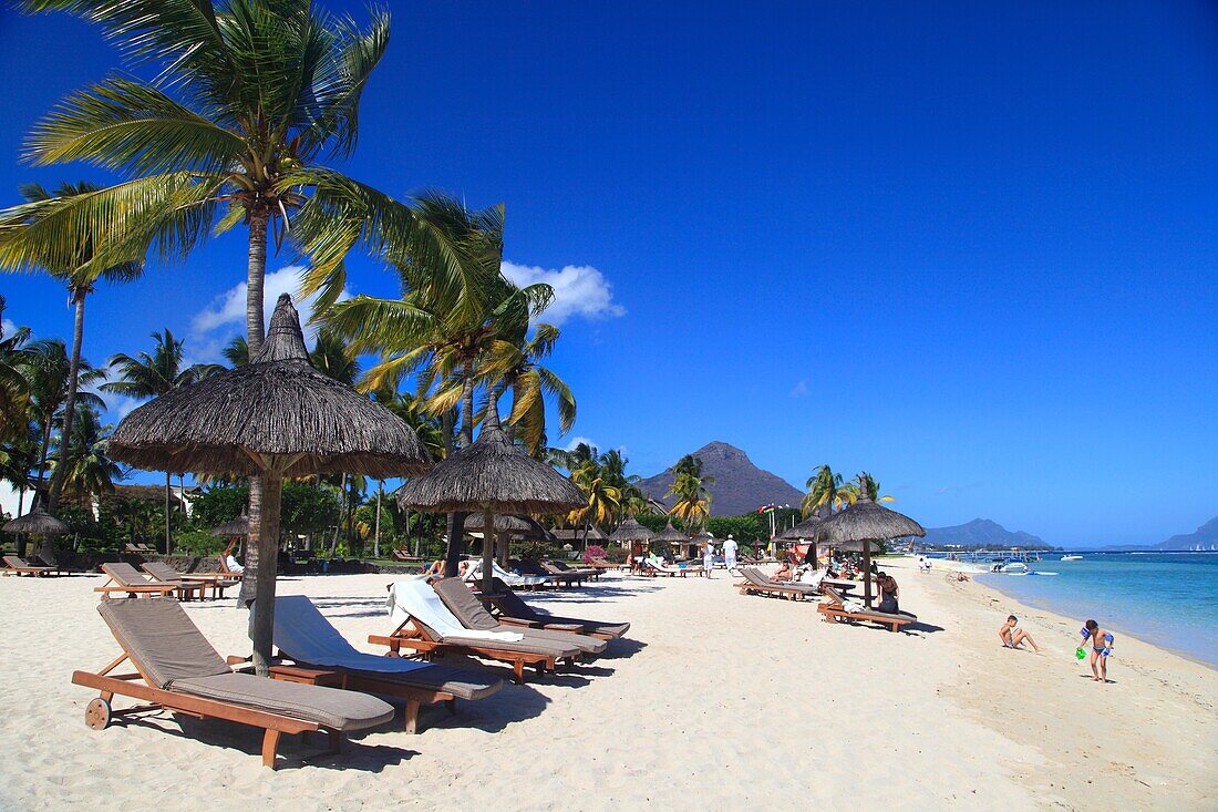 Indian ocean, Mauritius, Beach, Deckchairs and pergolas