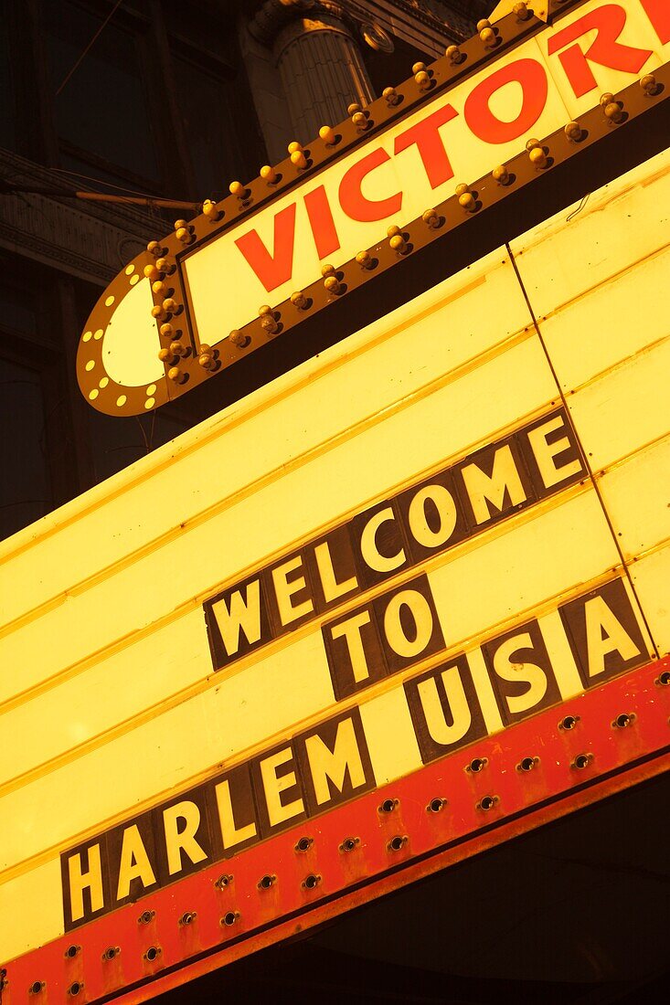 WELCOME SIGN VICTORY THEATER ONE HUNDRED AND TWENTY FIFTH STREET HARLEM MANHATTAN NEW YORK CITY USA