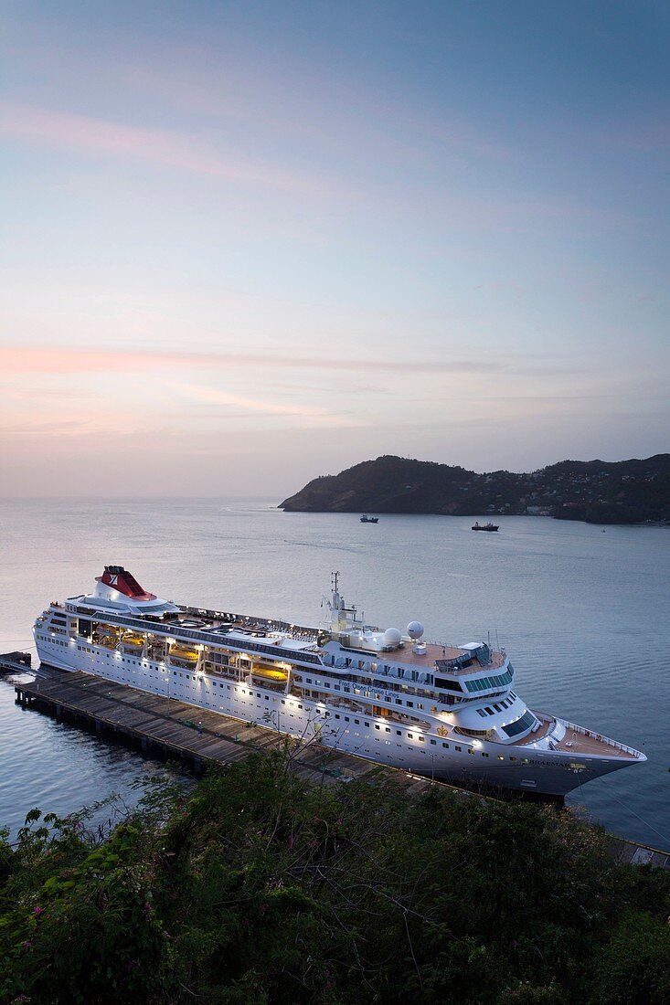 St  Vincent and the Grenadines, St  Vincent, Kingstown, elevated view of cruiseship, dusk