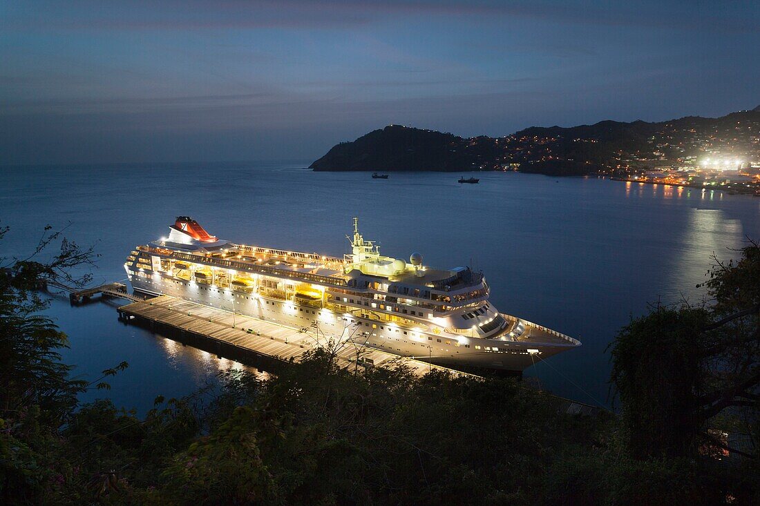 St  Vincent and the Grenadines, St  Vincent, Kingstown, elevated view of cruiseship, dusk