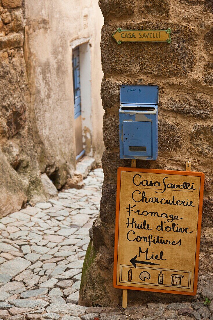 France, Corsica, Haute-Corse Department, La Balagne Region, Pigna, artisanal village, sign for artisanal charcuterie