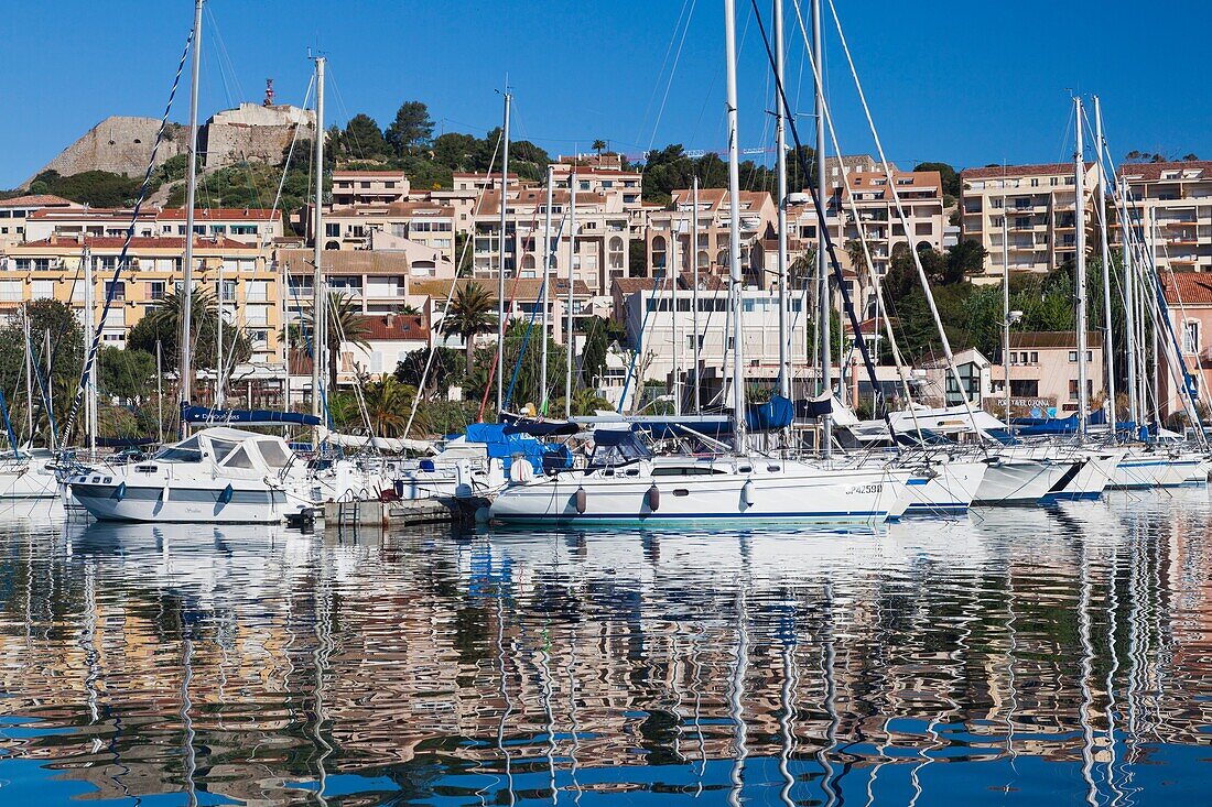 France, Corsica, Haute-Corse Department, La Balagne Region, Calvi, Port de Plaissance, yacht harbor, morning
