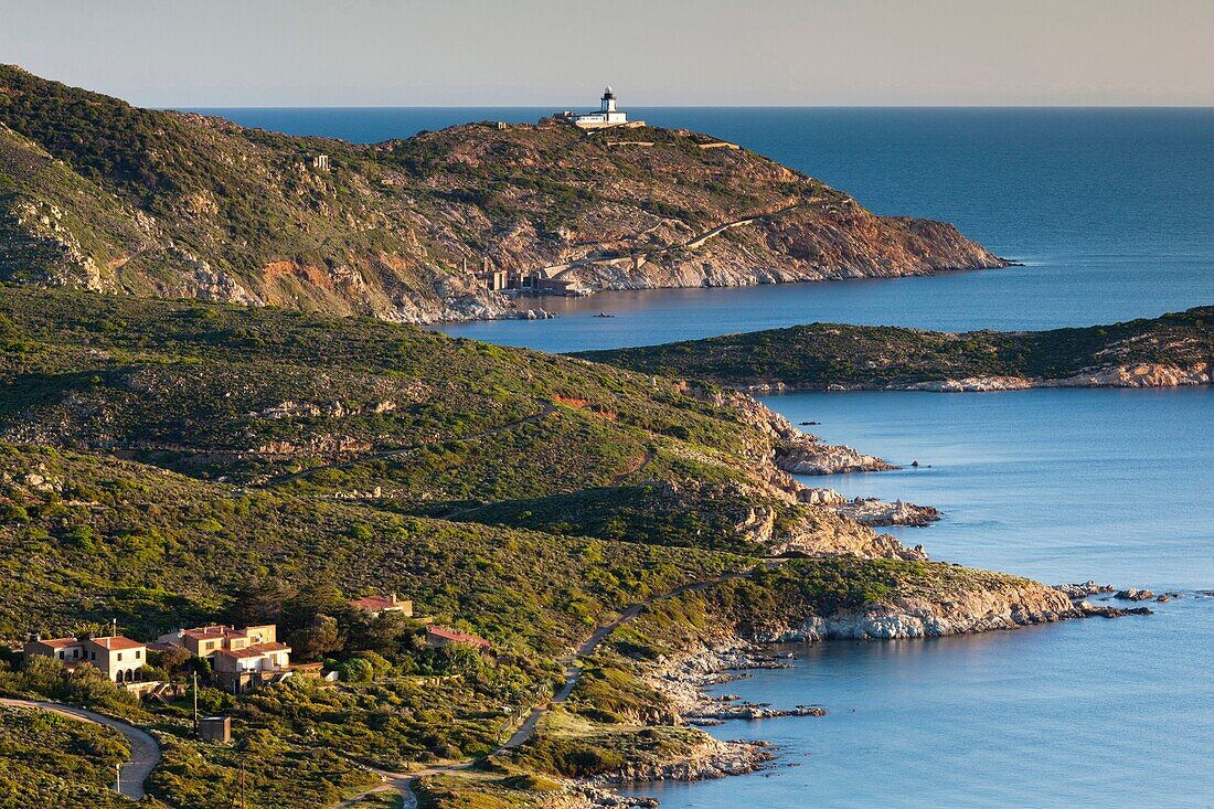 France, Corsica, Haute-Corse Department, La Balagne Region, Calvi, elevated view of the Punta Revellata lighthouse, dawn