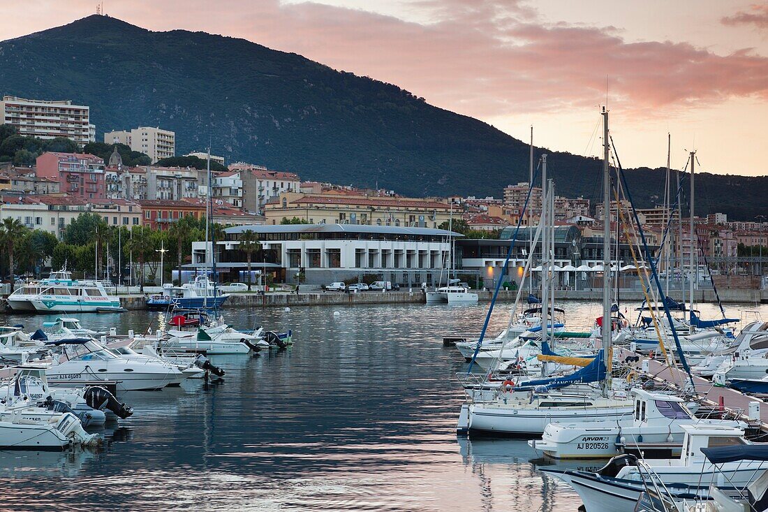 France, Corsica, Corse-du-Sud Department, Corsica West Coast Region, Ajaccio, city view from Port Tino Rossi, dusk