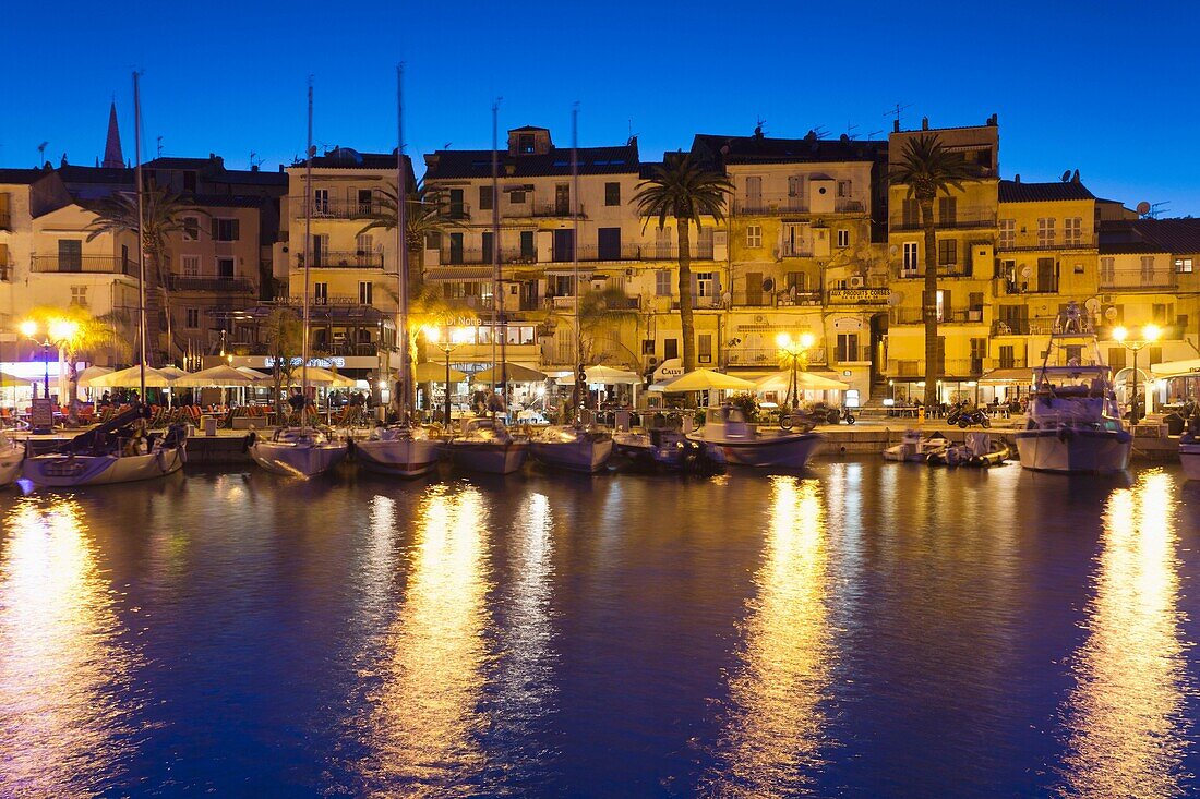 France, Corsica, Haute-Corse Department, La Balagne Region, Calvi, Port de Plaissance, yacht harbor, dusk