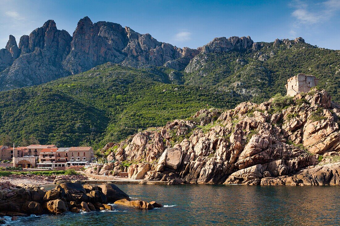 France, Corsica, Corse-du-Sud Department, Calanche Region, Porto, elevated view of town and the Genoese tower, morning