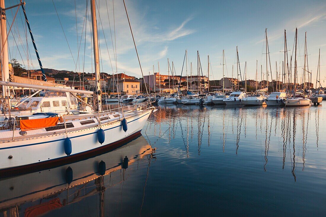 France, Corsica, Corse-du-Sud Department, Corsica South Coast Region, Propriano, town marina, sunset